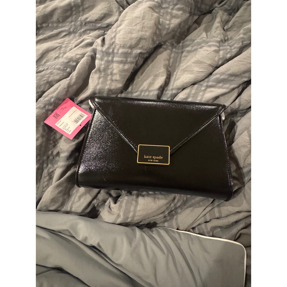 Kate Spade Anna Medium Envelope Clutch Black Shiny Textured Leather K9949 NWT